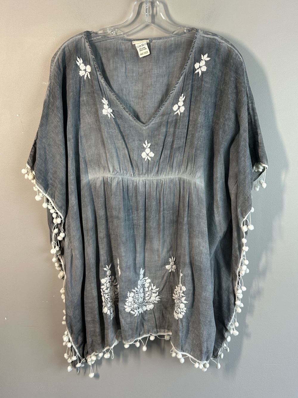Natural Life Swim/Beach Gray With White Embroidery And PomPoms Coverup One Size